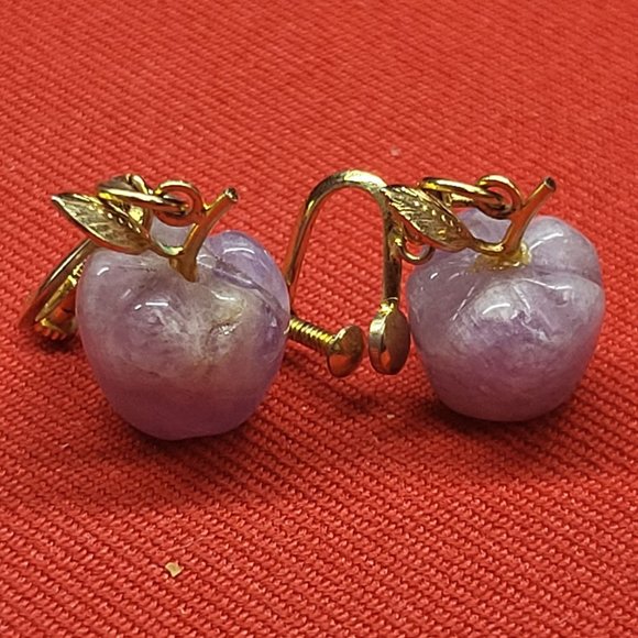 Vintage Amethyst Apple Purple Gemstone Earrings Gold Tone Adjustable Screw Earr - Picture 5 of 11